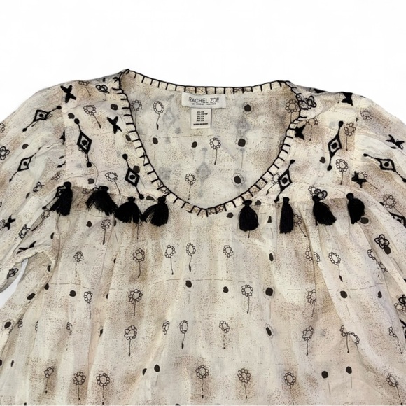 Rachel Zoe Cream Blouse with Black Embroidery & Tassels! - Picture 3 of 7